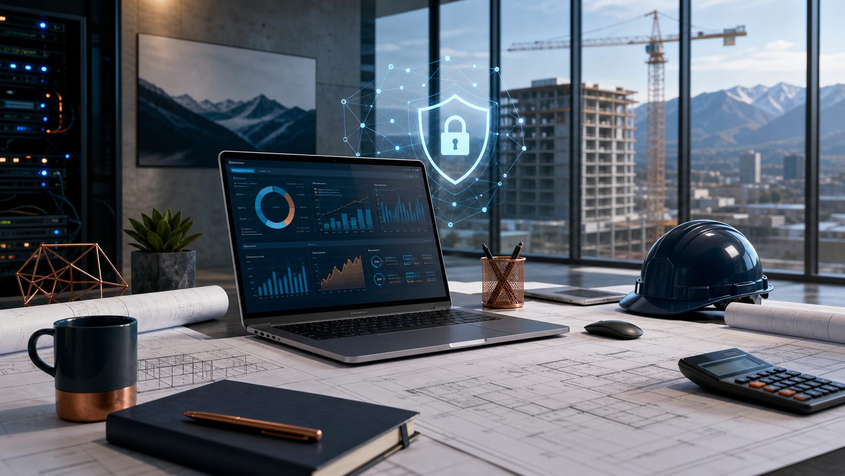 Construction leaders reviewing IT budget planning for business technology and cybersecurity