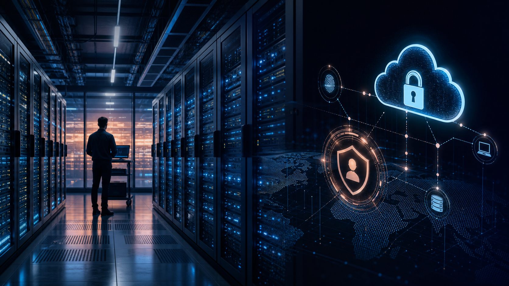 Datacenter infrastructure and identity attack cybersecurity illustration