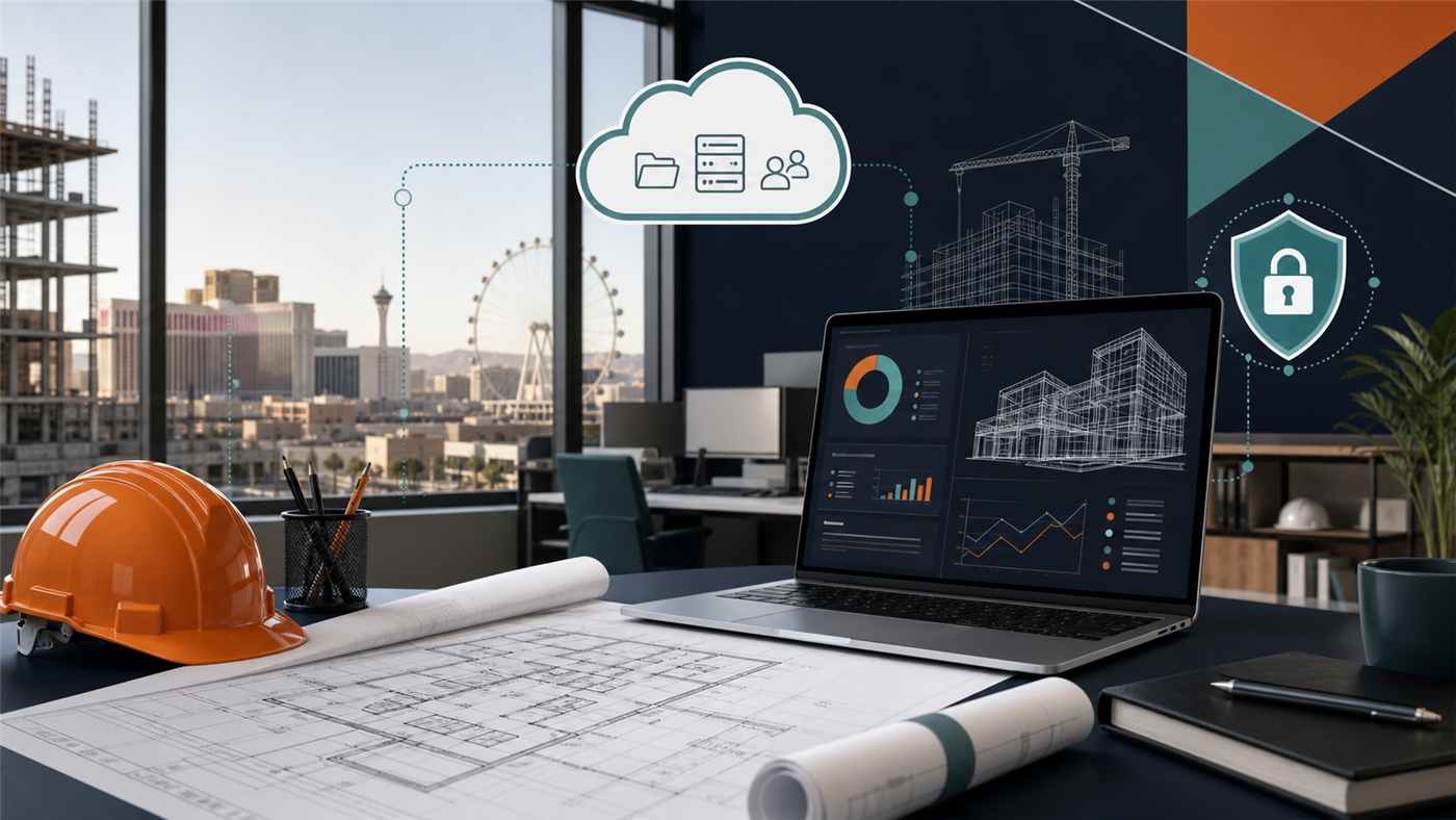 Las Vegas AEC office with blueprints, project technology and cybersecurity controls